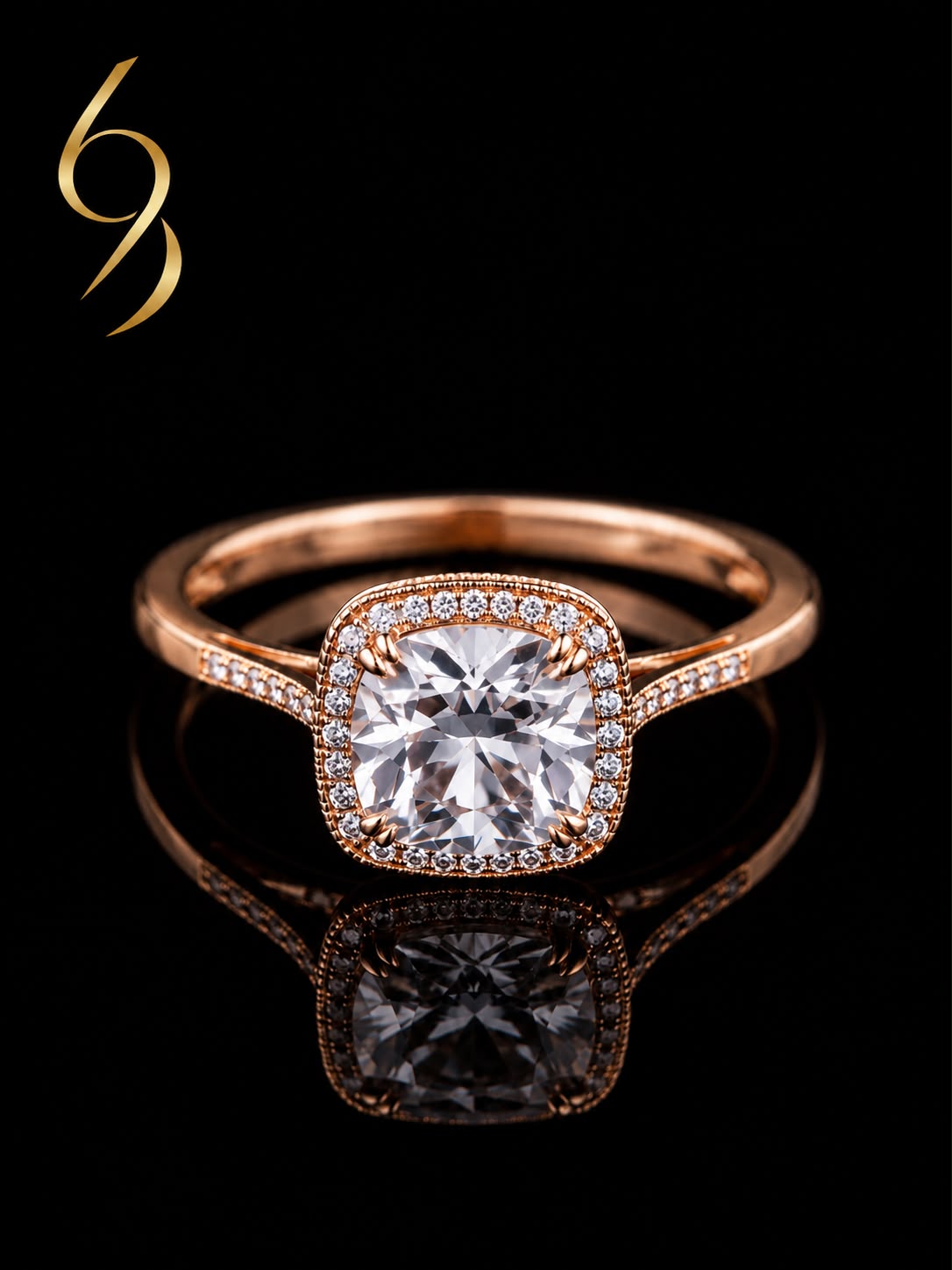 Rose gold cushion halo ring